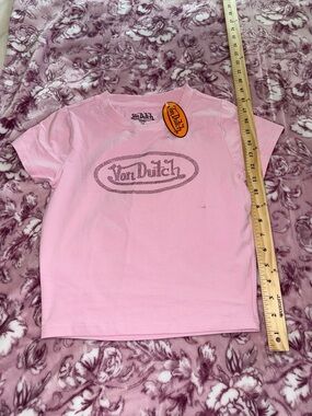 Von Dutch Light Pink Rhinestone Logo Crop Tee
